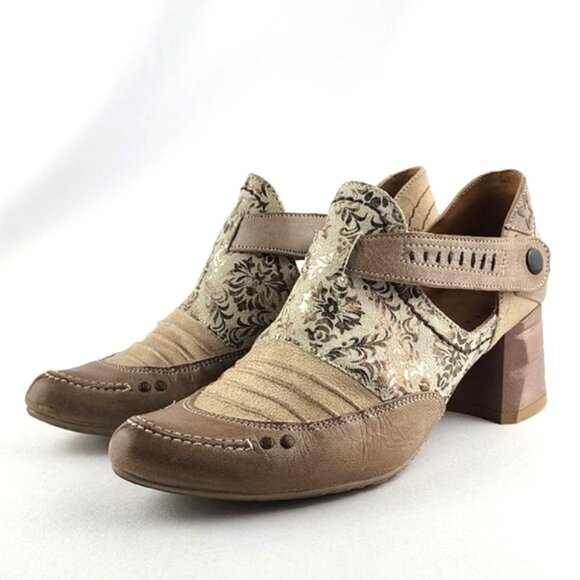 Maciejka Women's Leather Heeled Taupe Cream Floral Print Shoes Block Heel Sz 37 - Picture 3 of 16